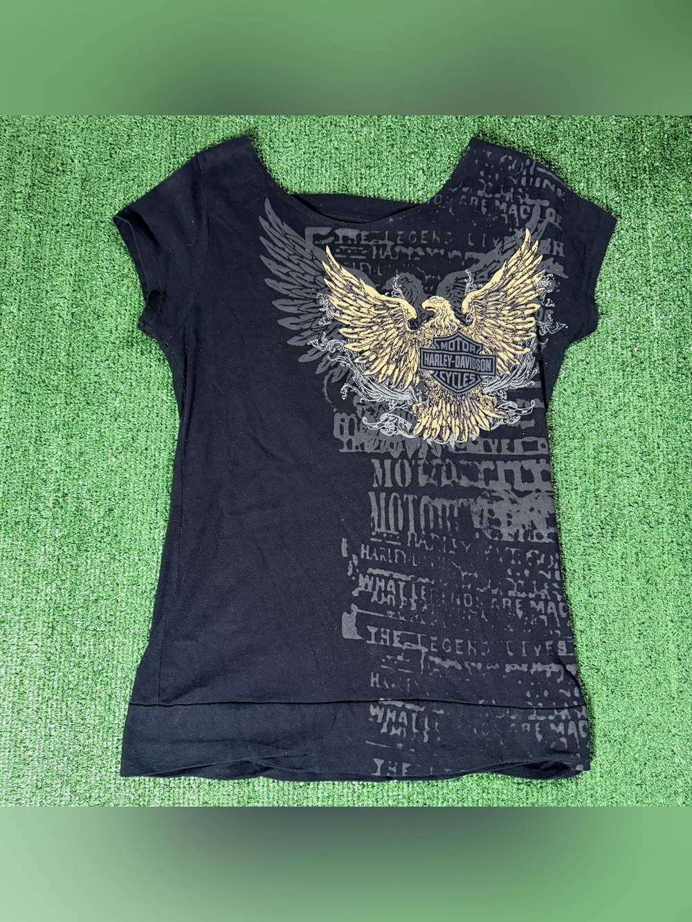 Women’s Y2K Harley Davidson Graphic T-Shirt Black Flaming Gorge Wyoming Medium